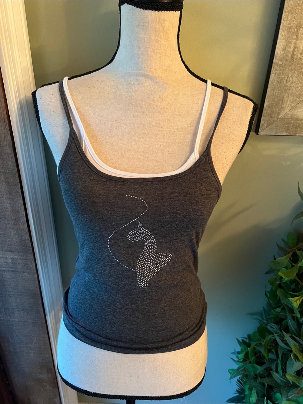 Baby Phat Charcoal Gray Double-Strap Tank with Rhinestone Cat Motif
